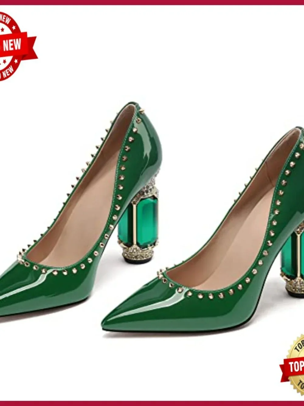 Chunky Block Heels Pumps Pointed Toe Rhinestone Crystal Bridal Wedding Party